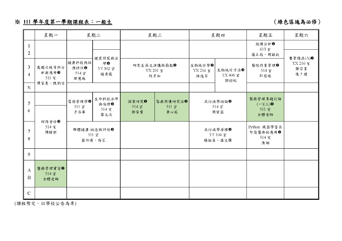 111-1課程時間表